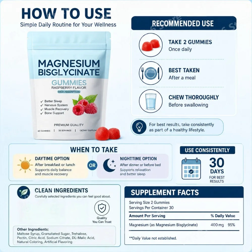Magnesium Bisglycinate Gummies Support Daily Sleep Quality Help Maintain Nervous System Health Assist Muscle Recovery 60 Gummies