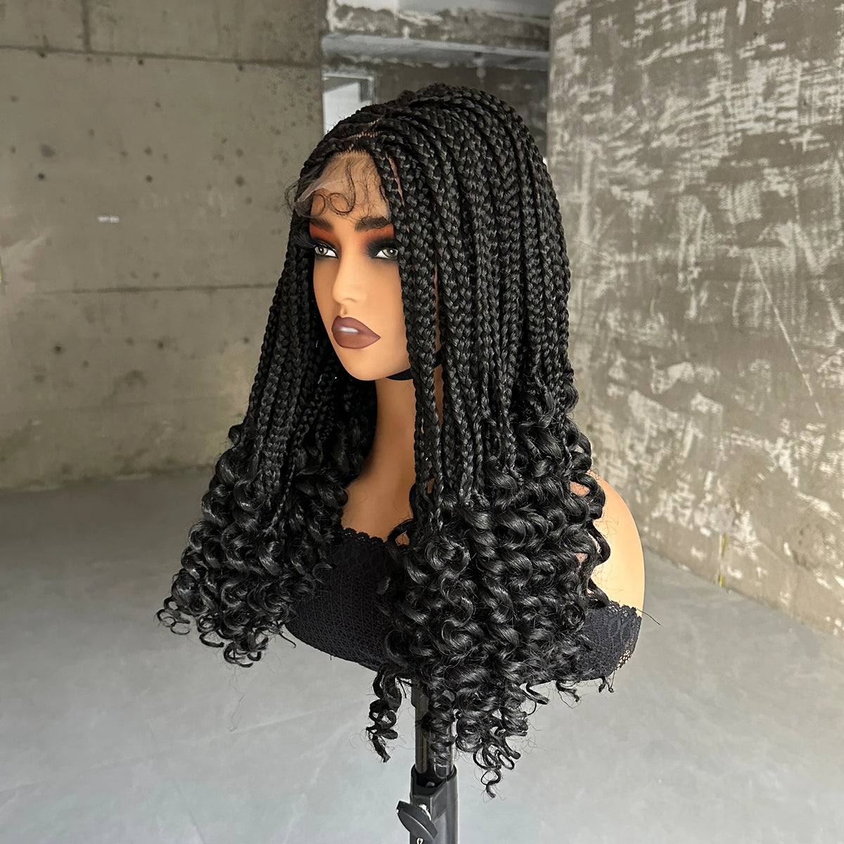 Synthetic Braided Wigs Lace Closure Wigs Curly Ends Box Braided 4x4 Lace Wig with Baby Hair for Black Women Afro Braiding Wigs