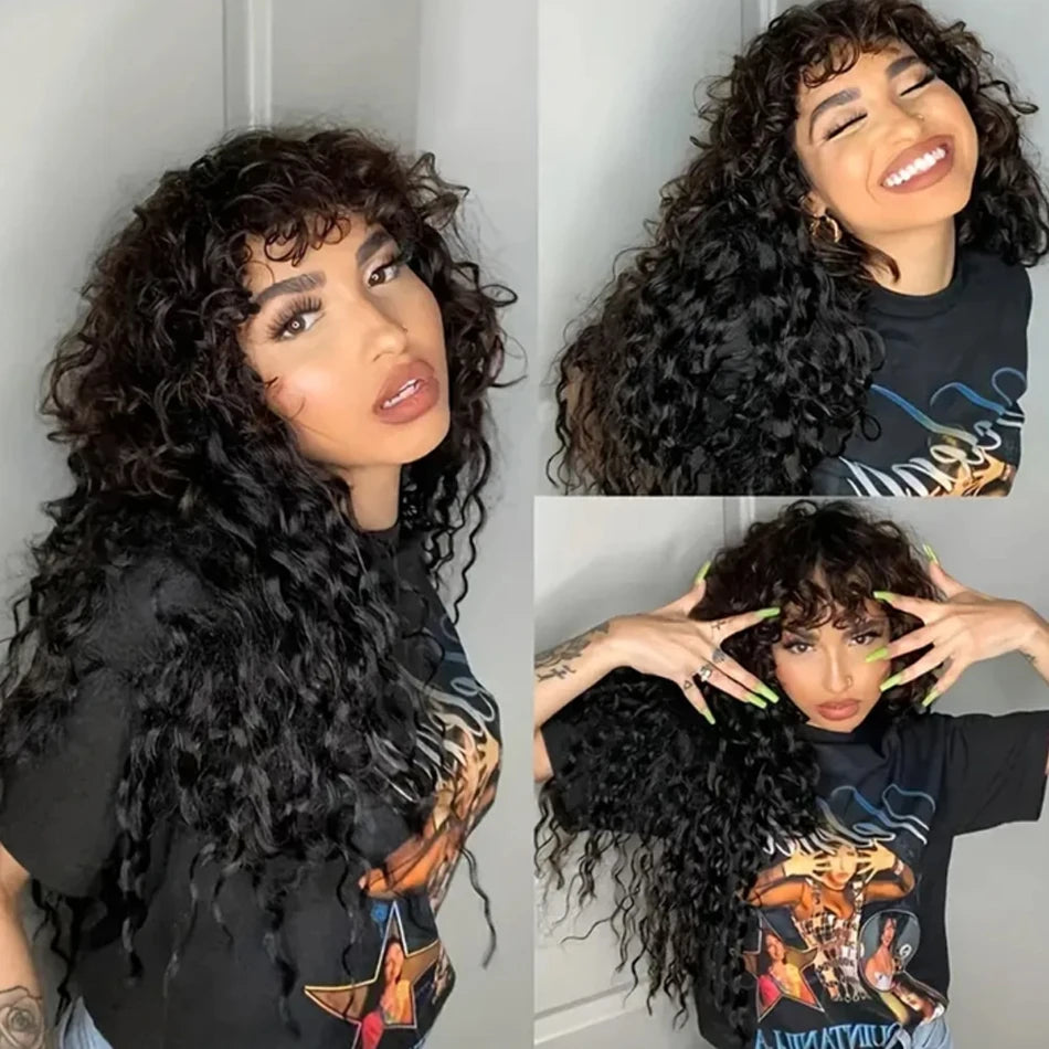 30inch Water Wave Human Hair Wigs With Bang Glueless Fringe Wig Kinky Deep Water Wig With Bangs Full Machine Made Wig Easy To Go