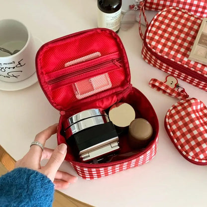 High Quality Red Grid Makeup Bag Multi-size Portable Toiletry Bag Cosmetic Pouch Women Cosmetic Bags & Cases