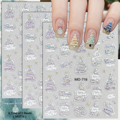 3 to 12 Sheets 5D Holographic Christmas Tree Snowflake Ornament Wreath Reindeer Glitter Self-Adhesive Nail Art Stickers