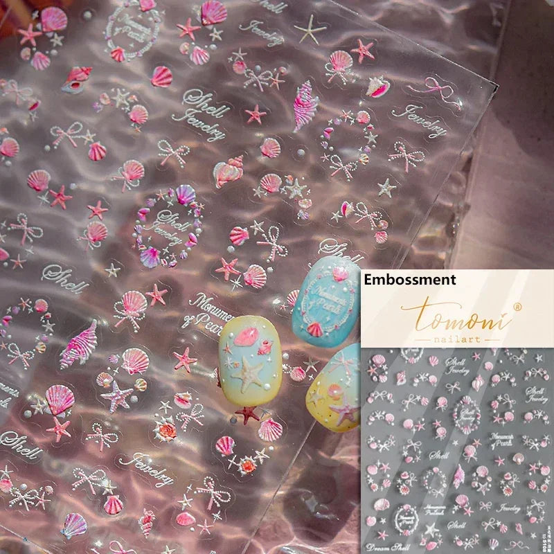 Gold Stamped Shell Conch Scallop Starfish Pearl 5D Embossed Self Adhesive Nail Art Stickers Delicate Ocean Style Manicure Decals