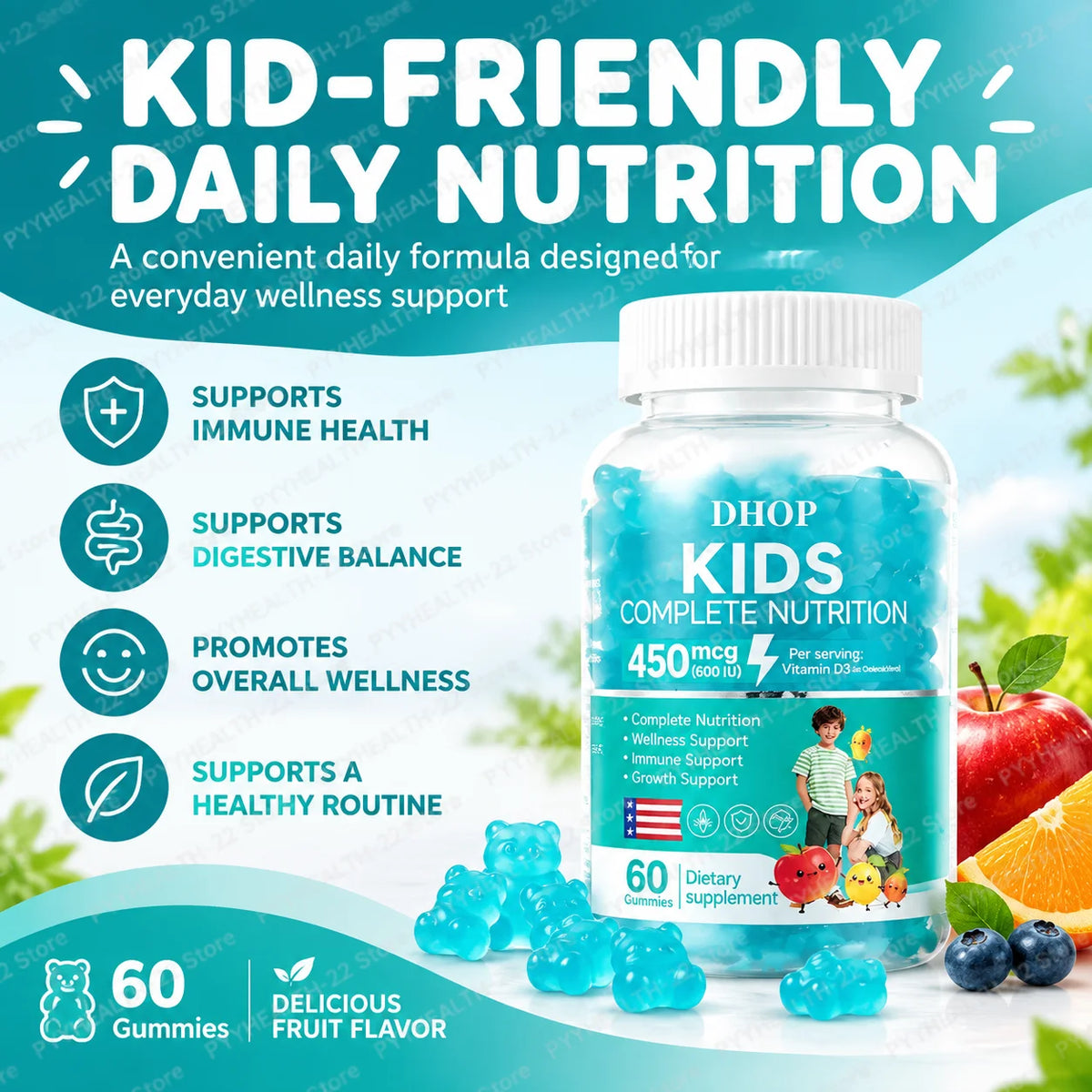 Kids Multivitamin Gummies, Vitamin A C D3 B Complex Zinc Iodine, Support Immune Healthy Growth, Pectin Gluten Free, 60 Gummies