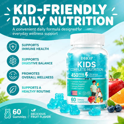 Kids Multivitamin Gummies, Vitamin A C D3 B Complex Zinc Iodine, Support Immune Healthy Growth, Pectin Gluten Free, 60 Gummies