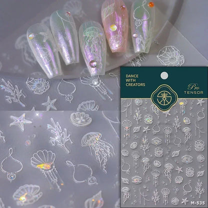 5D Summer Sea Shell Nail Sticker Shiny Embossed Starfish Nails Stickers Summer Beach Wine glass Jellyfish Nail Decals Decoration