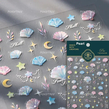 Gold Stamped Shell Conch Scallop Starfish Pearl 5D Embossed Self Adhesive Nail Art Stickers Delicate Ocean Style Manicure Decals