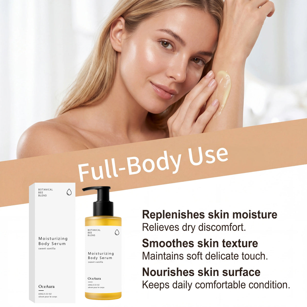 OceAura Botanical Bee Blend Sweet Vanilla Moisturizing Body Serum Long Lasting Hydrating Non Sticky Smooth Dry Skin Nourishing