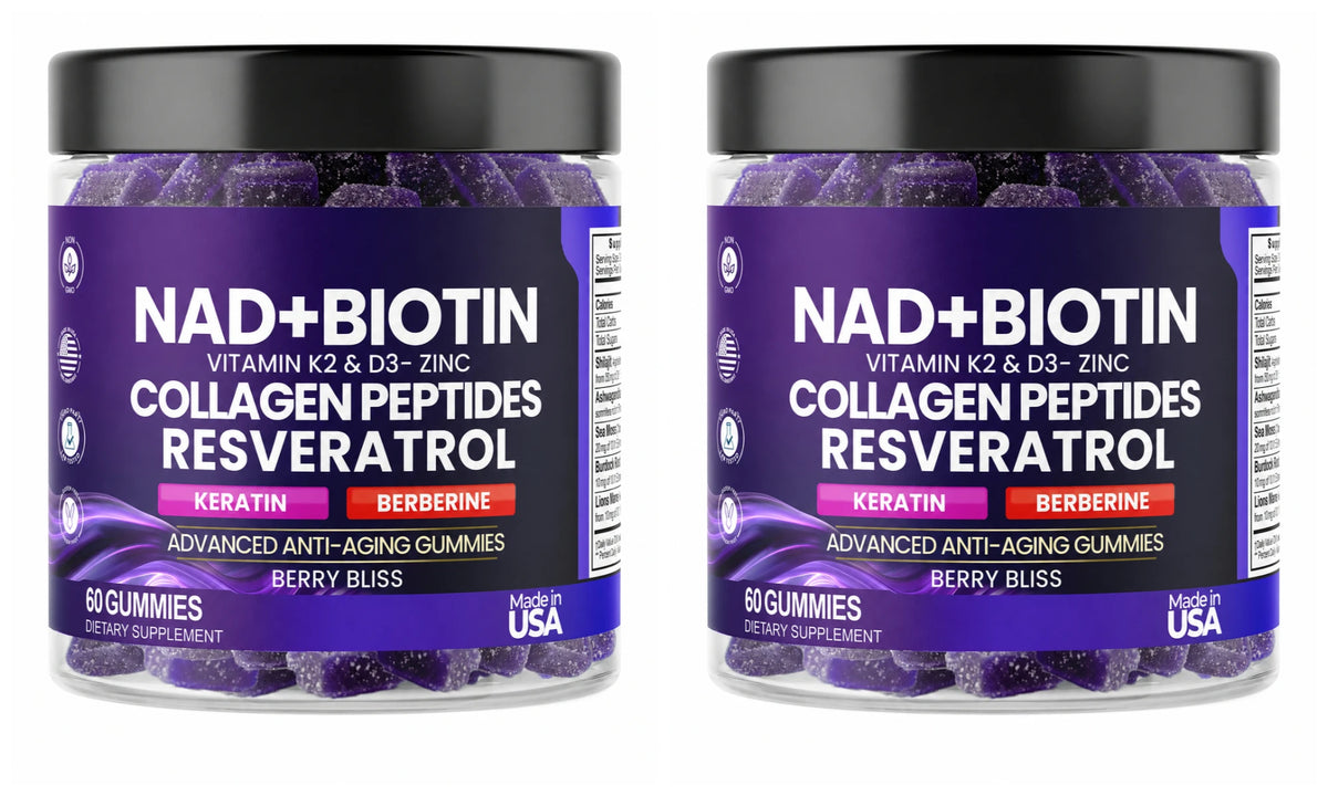 Biotin Collagen Gummies with NAD+ Resveratrol Vitamin D3 K2 Zinc Daily Beauty Wellness Supplement 60 Count Berry Flavor