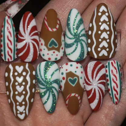 24PCS Christmas Red Almond Press on Nails Sweet 3D Gingerbread Man Xmas Tree Snowflake Design False Nails Wearable Acrylic Nails