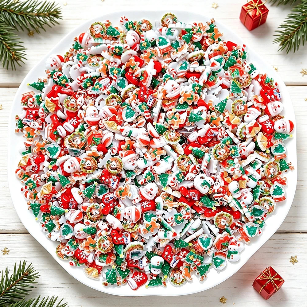 50pcs Mixed Kawaii Resin Christmas Nail Charms Xmas Santa Tree Sock Elk Bell Candy Cane Nail Ornament Flatback Nail Accessories