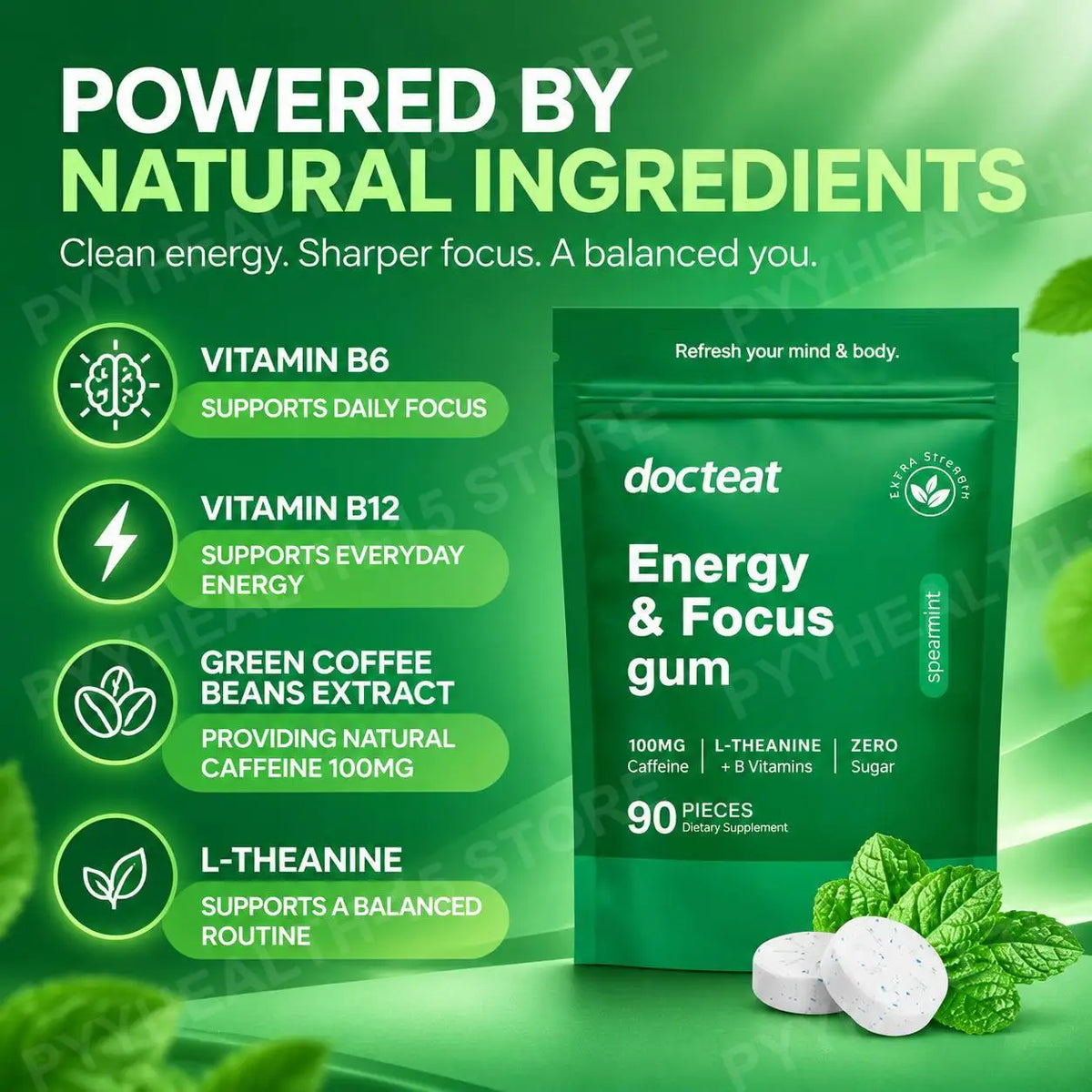 Energy & Focus Gum Extra Chewable Tablets with Natural Caffeine, L-Theanine, Vitamin B6 and B12, Sugar Free, 90 Pieces