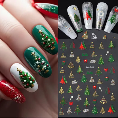 3pcs Christmas nail stickers - featuring green trees, red bows, and gold decorations - self-adhesive tree snowflake stickers