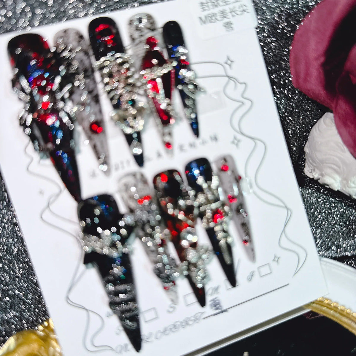 Gothic Dark Red Press On Nails With Metal Spiders Rhinestones 3D Casket Multiple Sizes