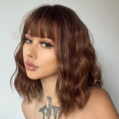 Short Bob Synthetic Wig Ombre Brown Wavy Hair Wigs With Bangs for Black Women Medium Cosplay Daily Natural Hair Heat Resistant