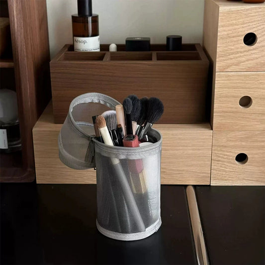 【Mesh Dual-use Makeup Brush Storage Bag Portable Brush Case Large Capacity Brush Bucket Holder Travel Stand-up Pouch】