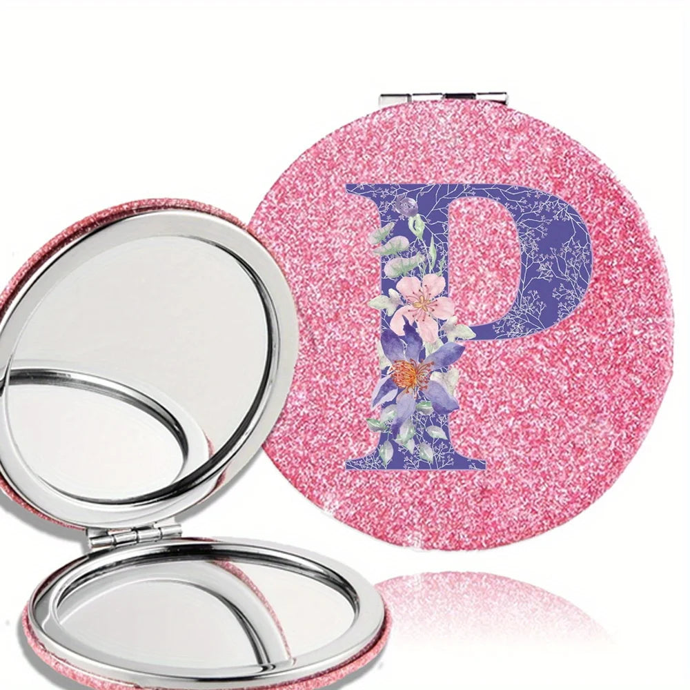 Women Folding Makeup Mirror Facial Beauty Makeup Care Tool Durable PU Surface Waterproof Ideal Party Gift Pink Flower Pattern