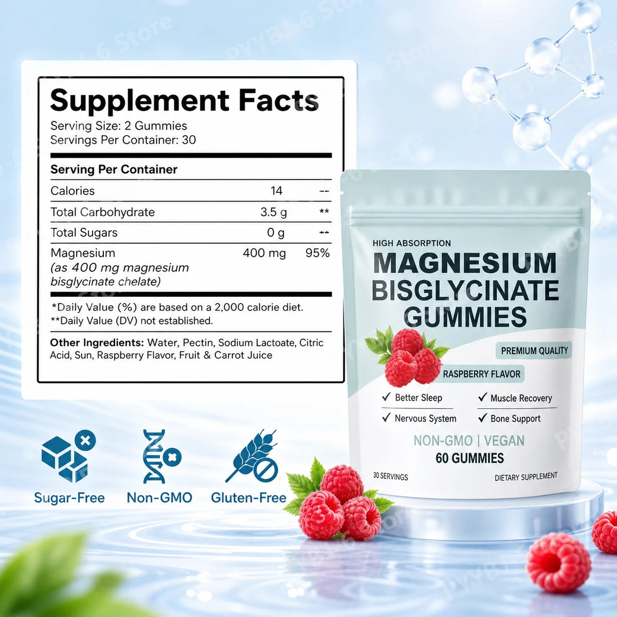 Magnesium Bisglycinate Gummies 400mg Raspberry Flavor Sugar Free Vegan Supplement Sleep Relaxation Muscle Support 60 Gummies