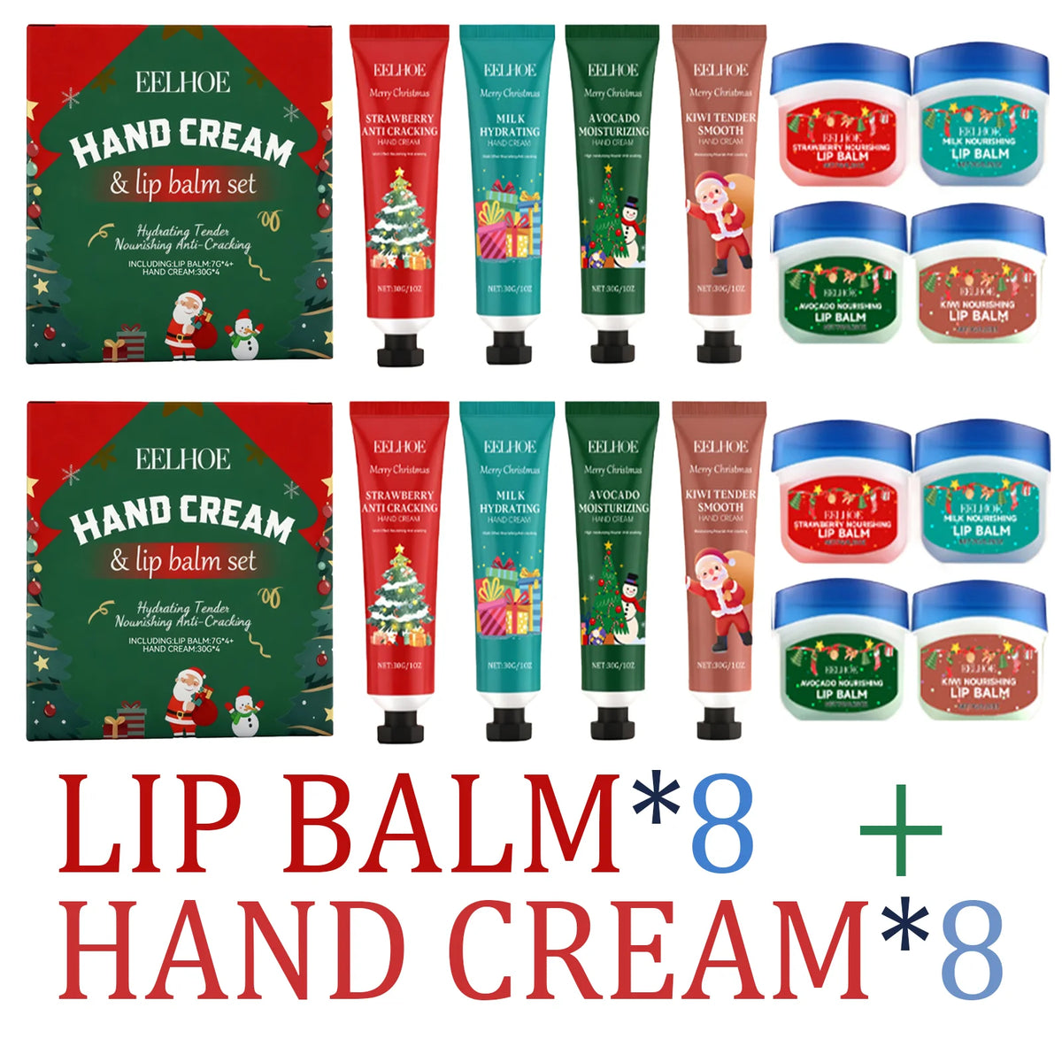 Christmas 8 Pcs Hand Cream and Lip Balm Gift Set Fruit Scented Moisturizing Nourishing Skincare for Women Travel Size 8 Pieces