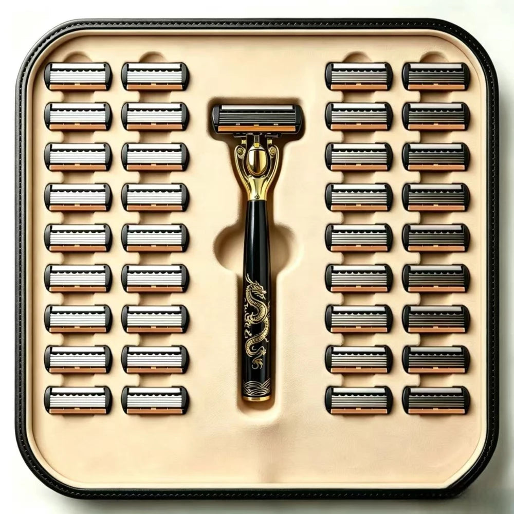 Men's Manual Safety Razor Set, Featuring 6-Layer Stainless Steel Blades and an Aloe vera Lubricating Strip | Perfect as a Gift.