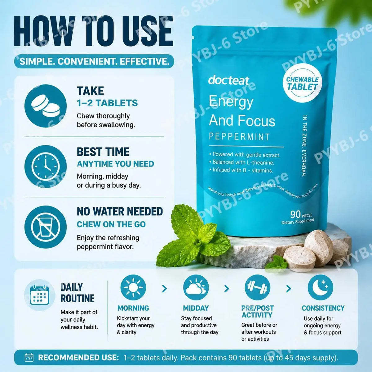 Docteat Peppermint Energy & Focus Chewable Tablets with L-Theanine and B Vitamins for Daily Vitality Support, 90 Tablets