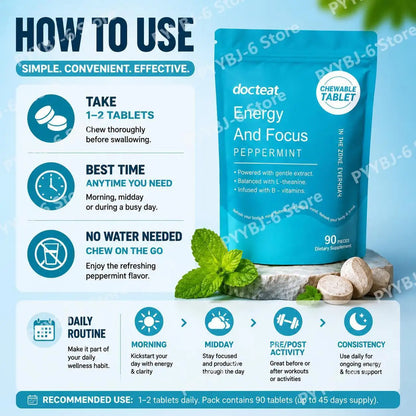 Docteat Peppermint Energy & Focus Chewable Tablets with L-Theanine and B Vitamins for Daily Vitality Support, 90 Tablets