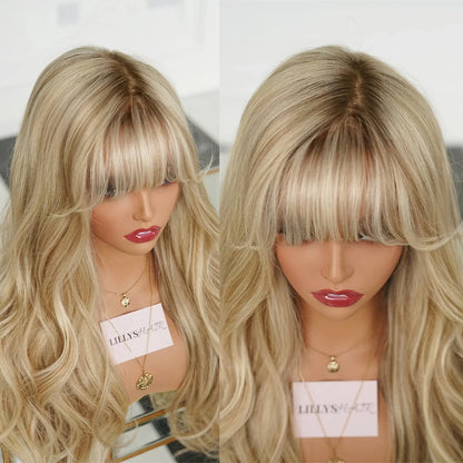 Water Wave Lace Front Wigs with Full Bangs Light Beige Blonde Synthetic Hair Dark Roots Top Wig Fringe Golden Invisible Lace Wig