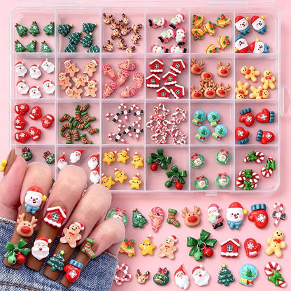 24grid 3D Kawaii Santa Claus/Snowman/Elk/Gloves/Bell/Candy/Christmas Tree Nail Charms Flatback Resin Xmas Winter Nail Rhinestone