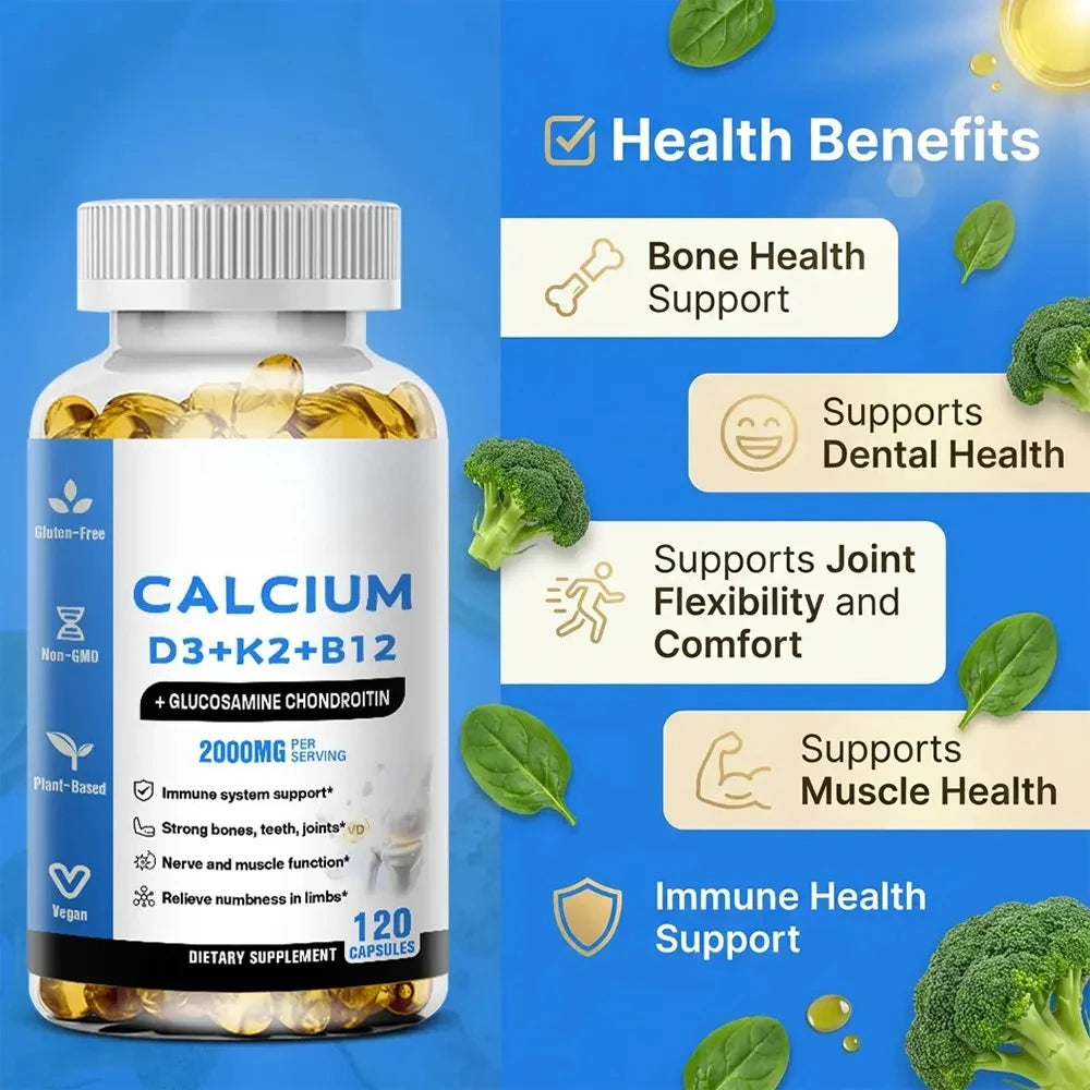 Calcium D3 K2 B12 Capsules for Bone, Teeth & Joint Support, Muscle, Immune & Nerve Health, Gluten-Free & Non-GMO, 120 Capsules