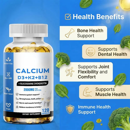 Calcium D3 K2 B12 Capsules for Bone, Teeth & Joint Support, Muscle, Immune & Nerve Health, Gluten-Free & Non-GMO, 120 Capsules