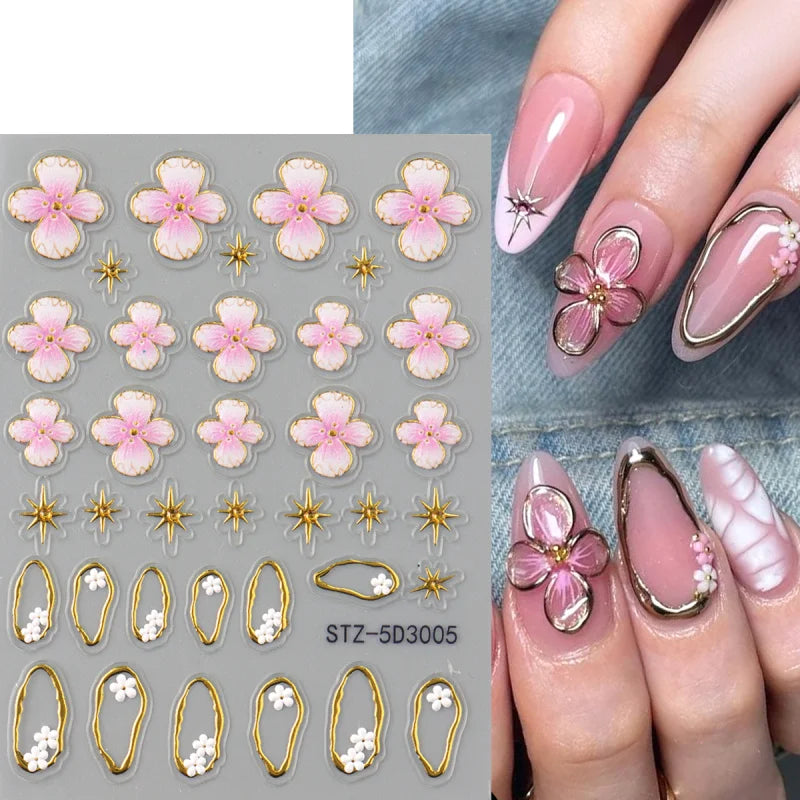 5D Floral Embossed Nail Stickers Bronzing Hibiscus Flower Petals Star Frame Elegant Nail Art Decals for Spring Summer Decor