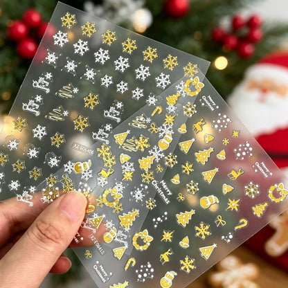 12Pcs Gold White Christmas Nail Stickers Cute Santa Snowflake Tree Ribbon Gingerbread Nails Decals for Xmas Winter Holiday Decor
