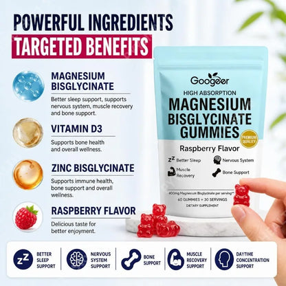 Googeer Magnesium Bisglycinate Gummies for Better Sleep Daytime Concentration & Nervous System Support Raspberry 60 Gummies