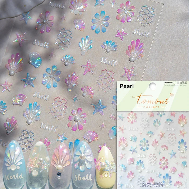 Gold Stamped Shell Conch Scallop Starfish Pearl 5D Embossed Self Adhesive Nail Art Stickers Delicate Ocean Style Manicure Decals