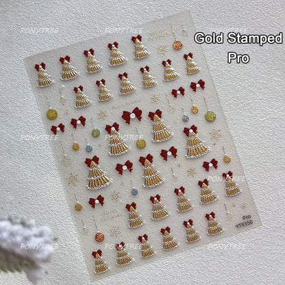 Tender Blue Christmas Tree Hanging Ball Ribbon Gold Star Snowflakes Bowknot Ring Adhesive Nail Charms Art Sticker Manicure Decal