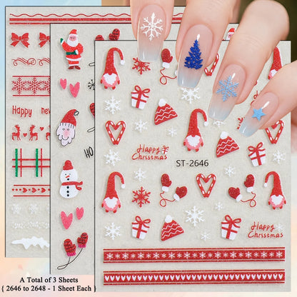 3 to 12 Sheets 3D Christmas Santa Snowman Reindeer Tree Snowflake Lights Gnome Self-Adhesive Nail Art Stickers