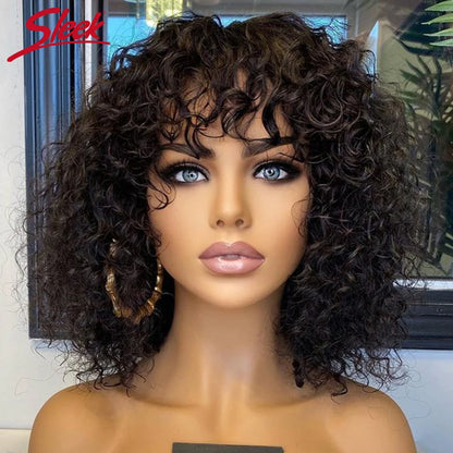 Brazilian Jerry Curly Short Bob Human Hair Wigs With Bangs Full Machine Wig Human Hair Wig Highlight Water Wave Wig For Women