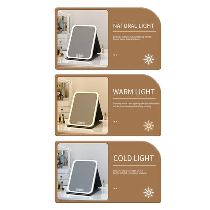 Makeup Mirror LED Dimmable Portable Foldable Design with Touch Screen 3 Colors Light Stepless USB Charging for Beauty Fashion