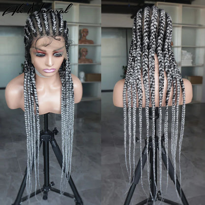 Ombre Silber Grey Full Lace 11 Braids Braided Wig With Baby Hair Box Braiding Wig African Long Synthetic Hair Knotless Wig