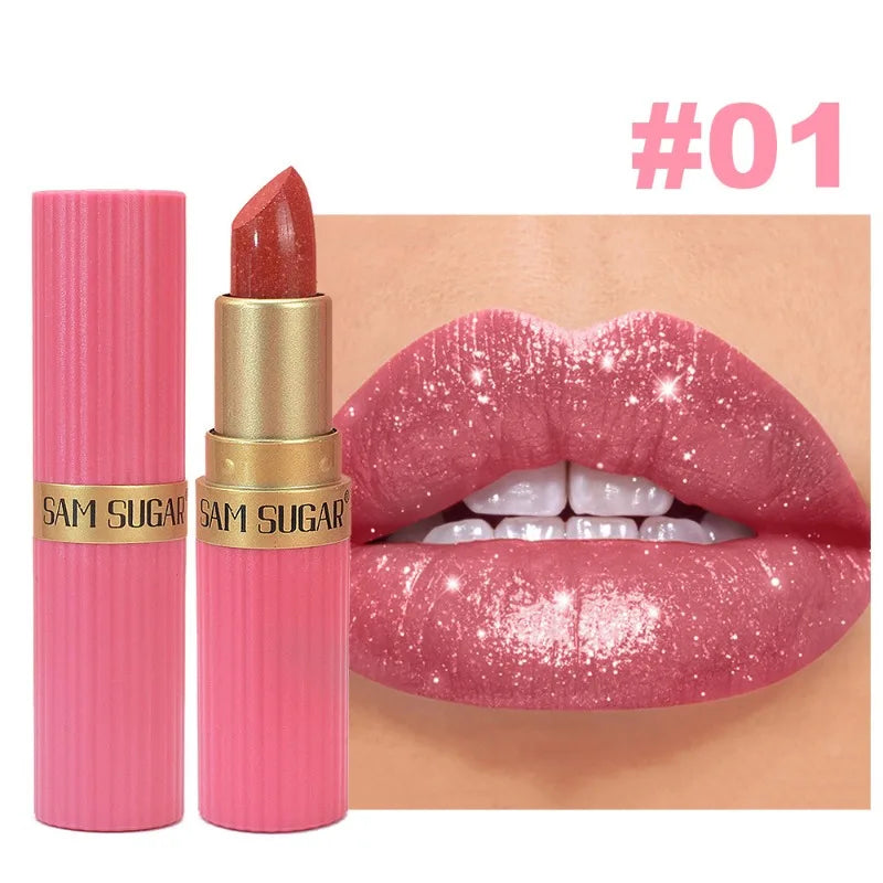 Pearlescent Pink Glitter Velvet Lipstick Waterproof Long Lasting Metallic Shimmer Diamond Lip Gloss Women Makeup Cosmetics