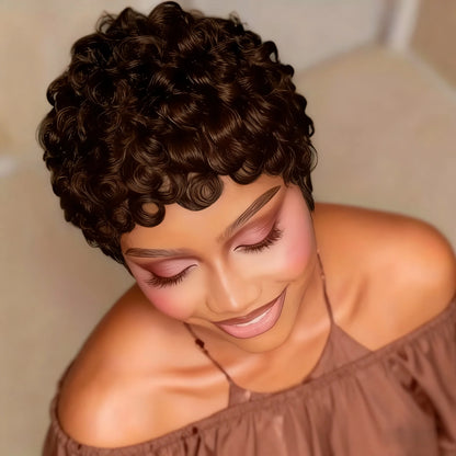 Layered Short Loose Curly Pixie Cut Human Hair Wig With Bangs Full Machine-Made Wig  for Women
