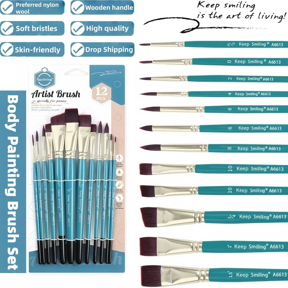 12pcs Face Paint Brushes Artist Acrylic Paint Brush Set for Face Body Shoe Painting, Ideal for Chrismas Halloween Cosplay Party