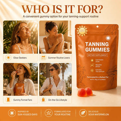 Tanning Gummies for Women, Sunless Bronzing Glow Support, Vegan Sugar-Free, Non-GMO, Astaxanthin & Lycopene, 60 Count