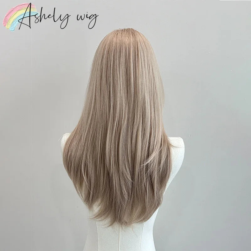 Blonde Wig with Bangs 22inch Medium Straight Hair Wig for Women Soft Natural Heat Resistant Fibers Synthetic Wigs 가발  Peluca