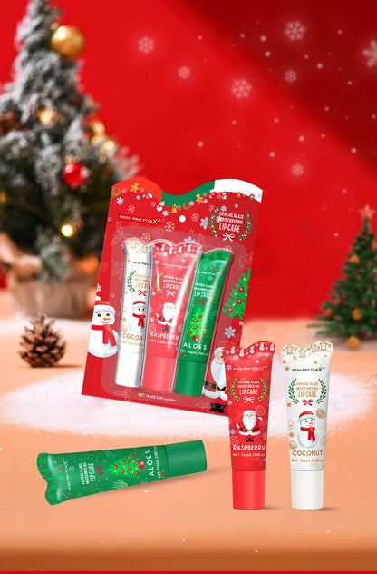 3-piece Christmas card lipstick set -3 flavors (coconut, raspberry, aloe) lasting moisturizing and luster, portable belt