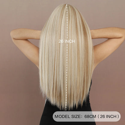 Long Straight Light Blonde Wig for Women Daily Party Highlight Brown Synthetic Layered Hair Wigs with Bangs Halloween Cosplay