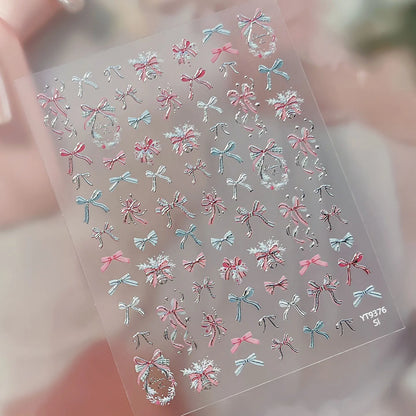 2026 New 5D Embossed Garland/Christmas Tree Nail Stickers White Snowflakes Bow Star Nail Decals Self-Adhesive Xmas Nail Decor