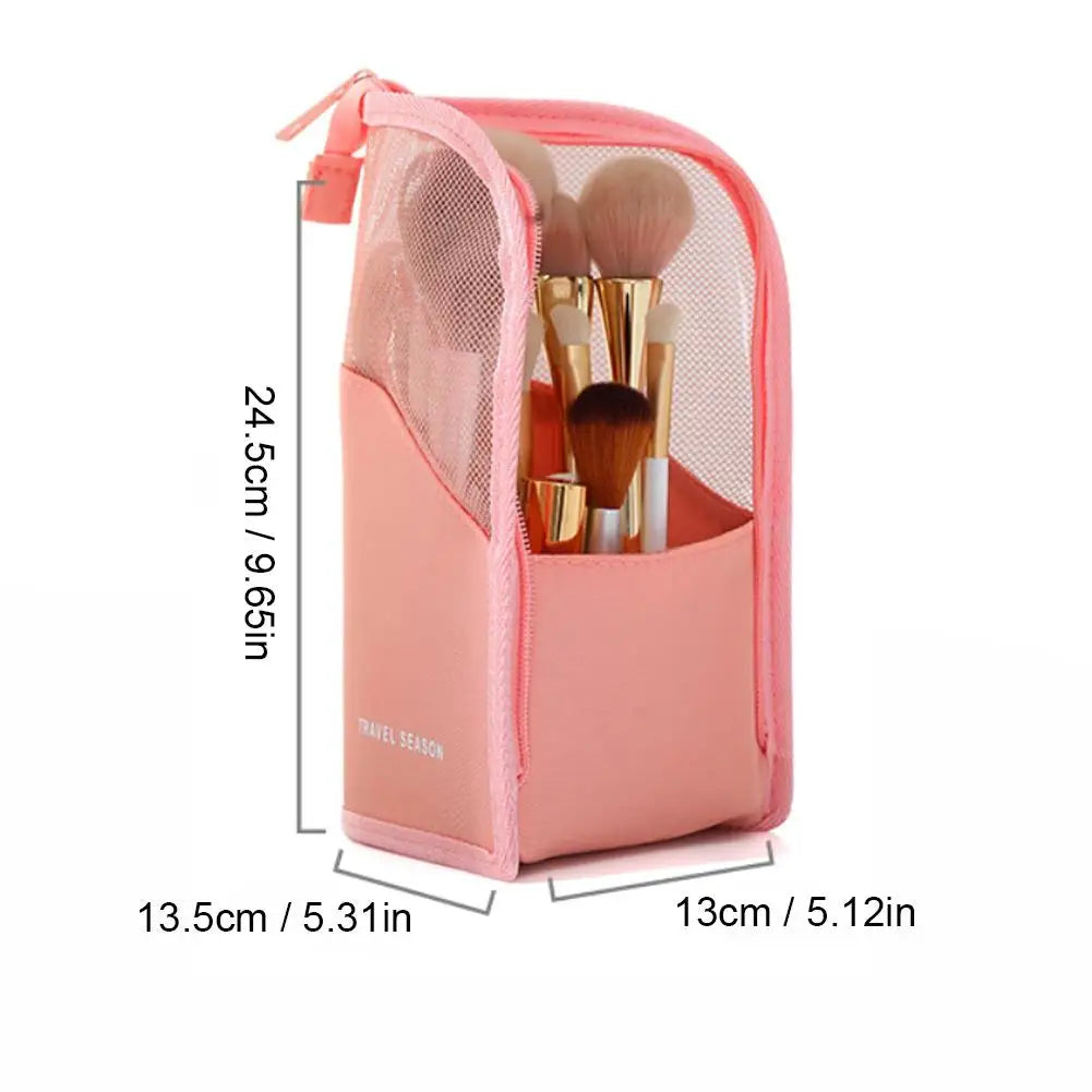 New Standing Makeup Brush Holder Bag 2 in 1 Travel Cosmetic Pouch Mesh Waterproof Portable Toiletry Storage Organizer