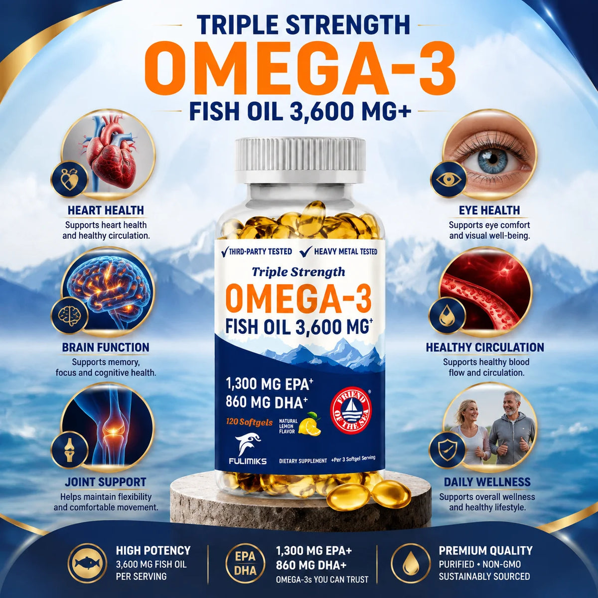 Triple Strength Omega 3 Fish Oil Supplement 3600 mg, EPA & DHA, Support Joint Bone, Skin, Brain & Heart Health, Energy, Immune