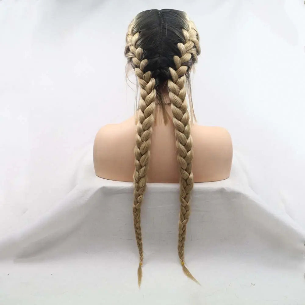 Synthetic Blonde Lace Front Braid Wigs Ombre Blonde Double Braid With Dark Roots Heat Resistant Fiber Braid Baby Hair Wigs