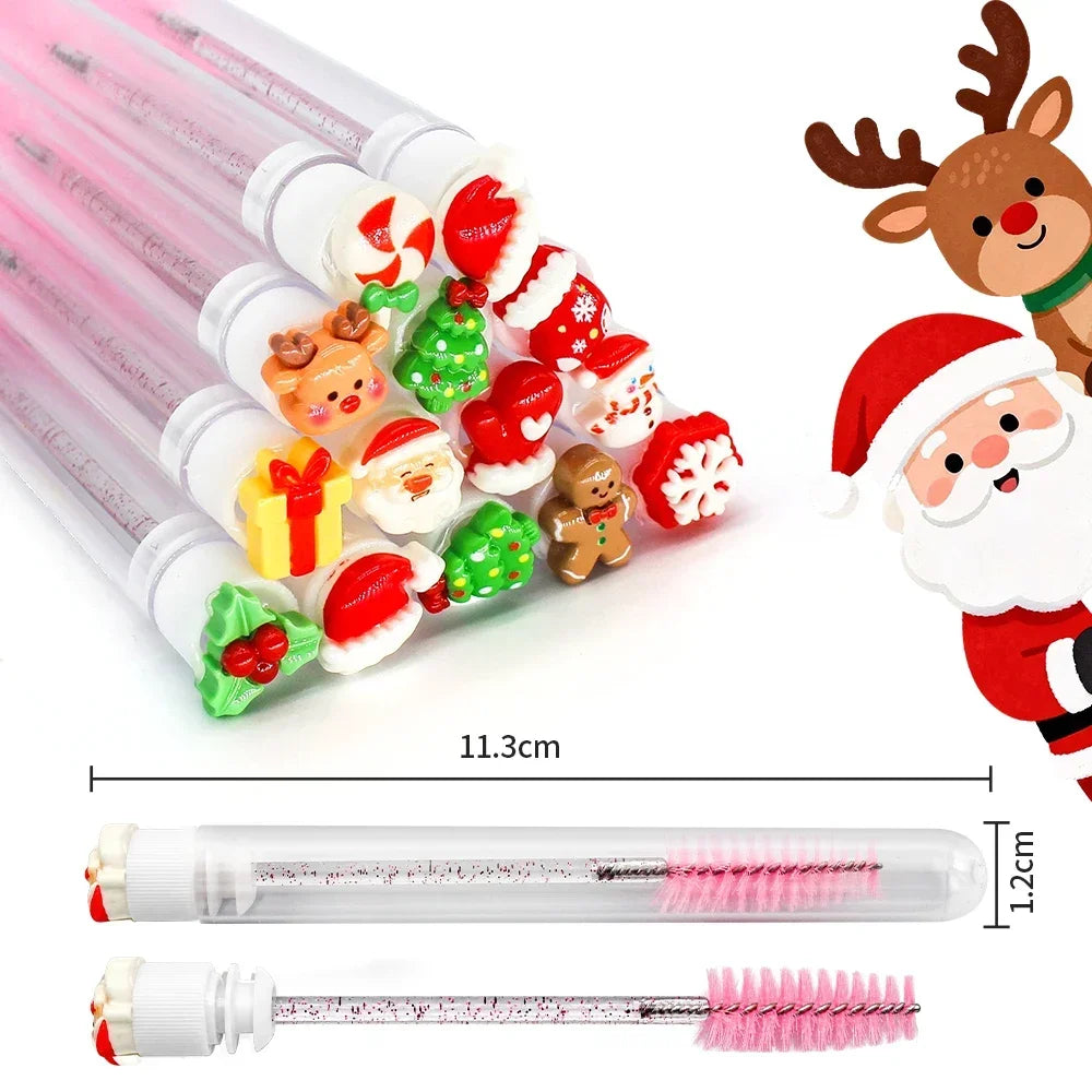 14pcs Gift Box Christmas Mascara Eyelash Brushes Set - Santa Snowflake Design Mascara Wand Makeup Brushes, Travel Eyelash Brush